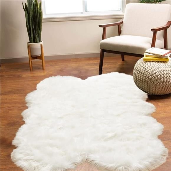 Sheepskin Rug 4X6 Area Rug White FauxFur Rug for Bedroom Bedside Rug Fluffy Rugs - Picture 1 of 8